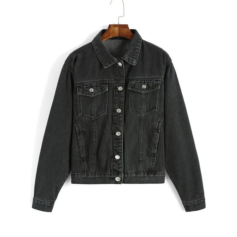 Women's High Street Fashion Black Long Sleeve Lapel Single Breasted Pockets Denim Jacket