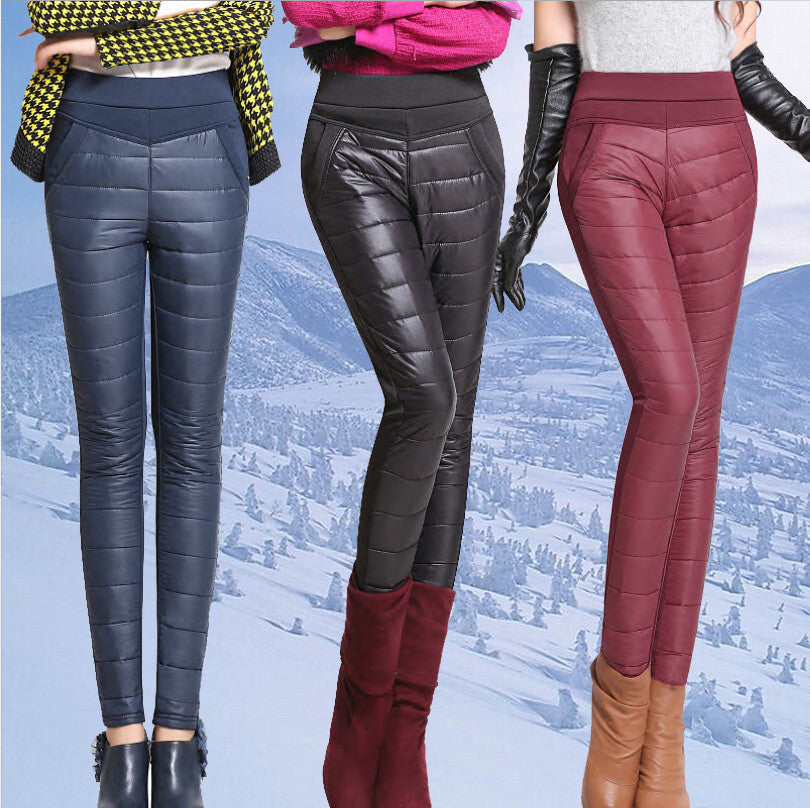 Women Pants Fashion Stitching Slim Warm Windproof Down Pants Plus Thick Velvet Trousers Pants Feet