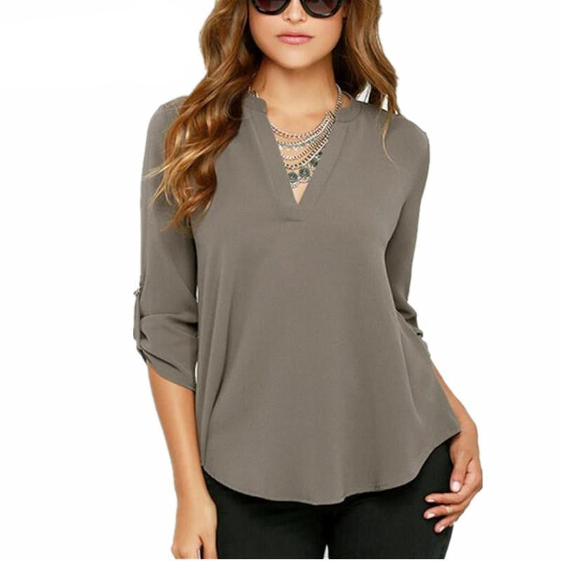 Women V-neck Chiffon Blouse Casual Long Sleeve Solid Shirts Tops Plus Size 5XL