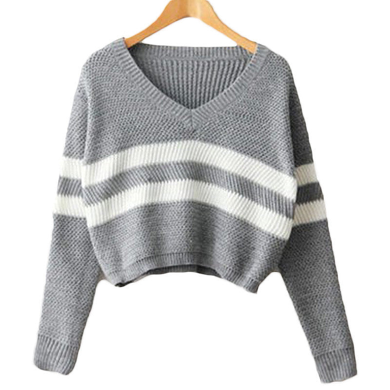 Online discount shop Australia - 4 Colors Women Sweaters Pullovers V-neck Crop Tops Striped Long Sleeve Knitted Sweater  T4N510