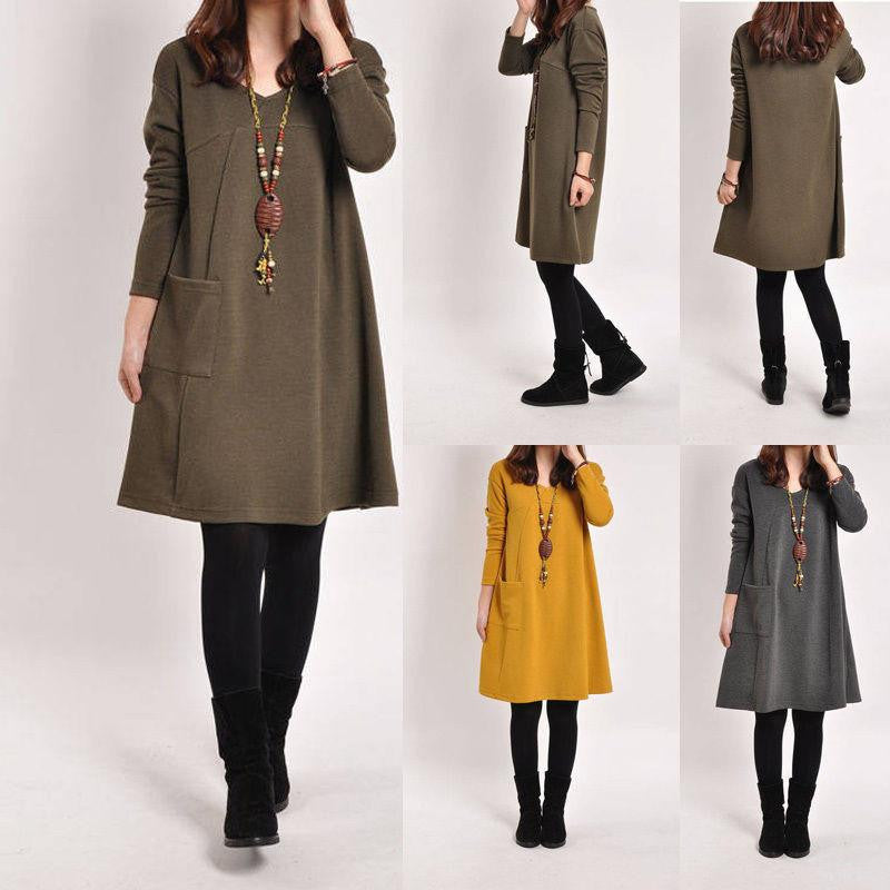 Women's Winter Casual Loose Top Knit Sweater Jumper Tunic Swing Skater Mini Dress Pocket Long Sleeve WY7807