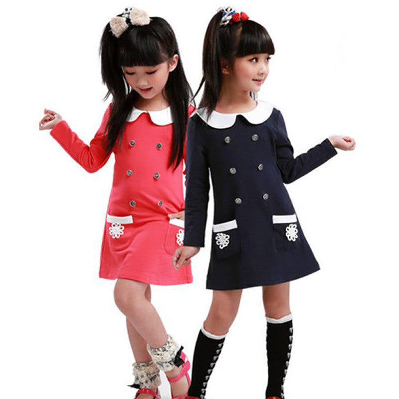 College spring style girls dress children long-sleeved dress lapel children clothing - CelebritystyleFashion.com.au online clothing shop australia