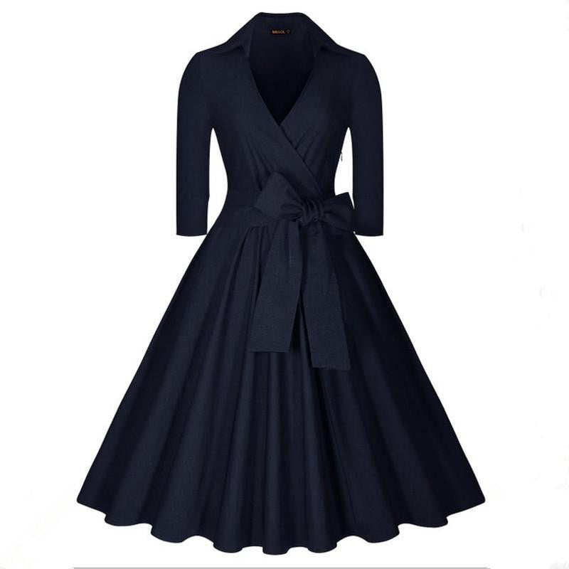 Vintage Hepburn Dress Female V-neck Solid 3/4 Sleeve Solid Ball gown Dress Women Casual Party Dresses size S M L XL XXL