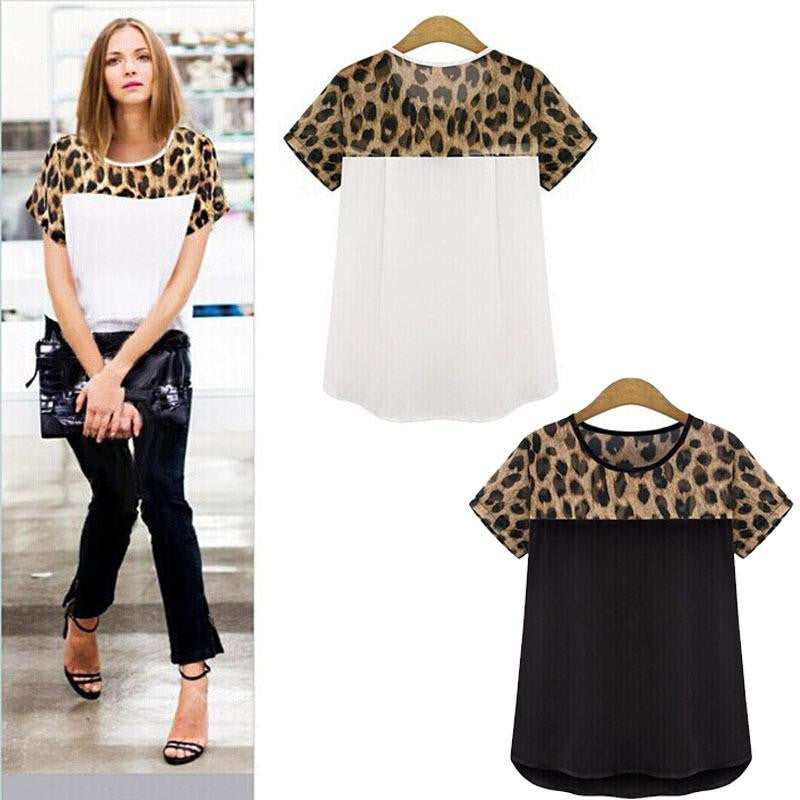 Online discount shop Australia - Feitong 2 Colors Plus Size 3XL  Women Casual Clothing Leopard Printing Patchwork Chiffon Tops Tee Shirt