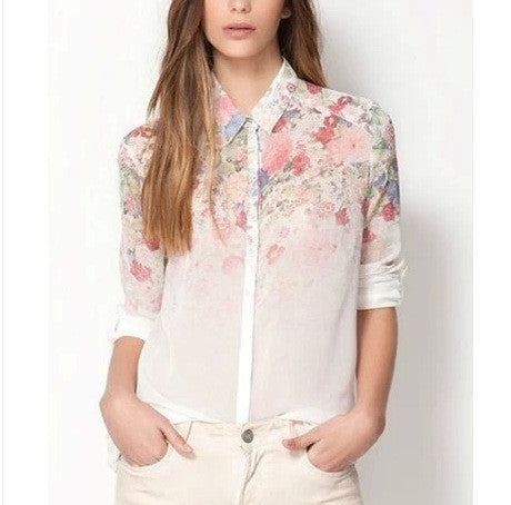 Fashion Women Chiffon Blouses Women Flower Print Lapel Casual Chiffon Long Sleeved Shirts Women Tops