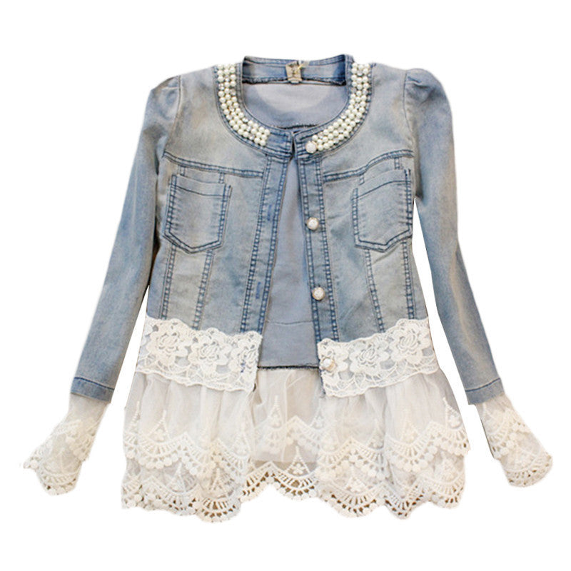 Online discount shop Australia - Fall Women Denim Jacket Short Vintage Beading Jeans Outerwear Slim Lace Patchwork Long-sleeve Lady Jackets