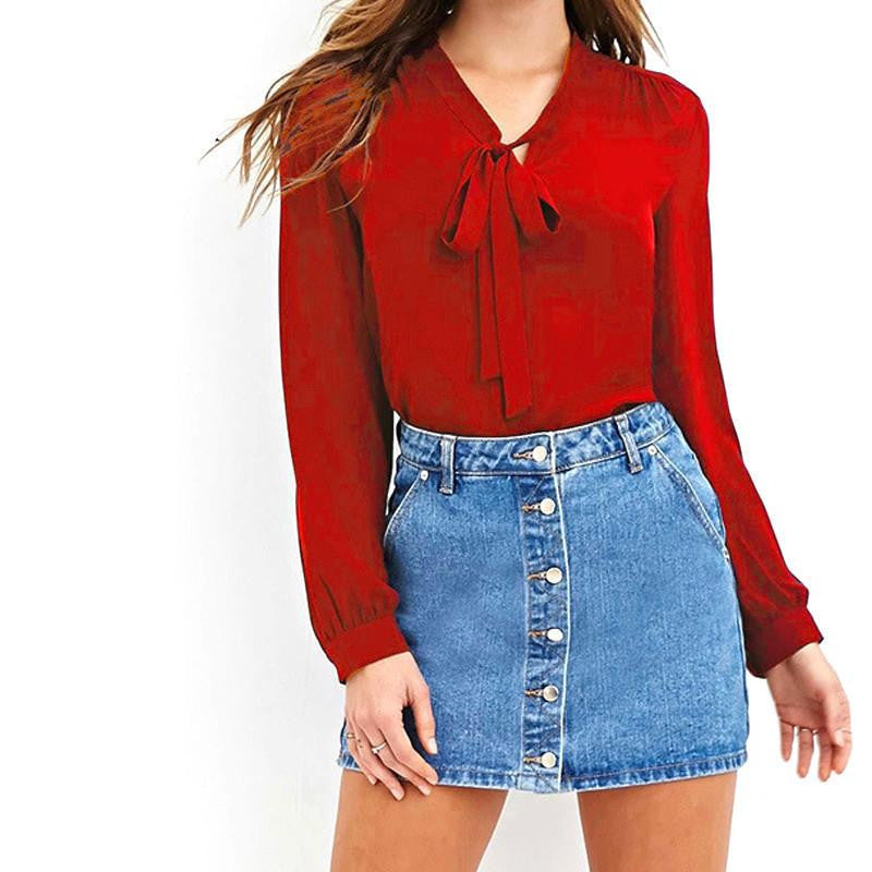 women Long-sleeve bow sexy shirt Sleeve plus size s-6xl Shirt Female black white red colour