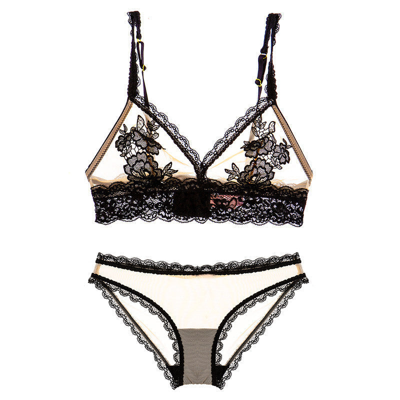 Online discount shop Australia - Deep V-neck perspectivity of lace water soluble embroidery applique wireless sexy bra set