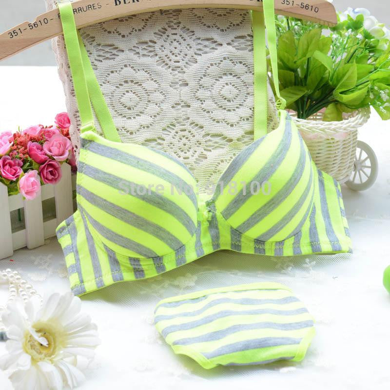 Young girl stripe thin thick double breasted underwear bra set cute sexy green rose orange size AB 70-80 underclothes