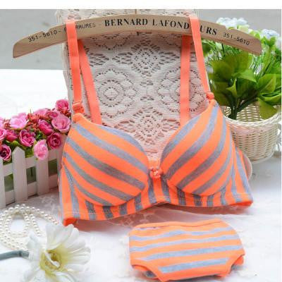 Young girl stripe thin thick double breasted underwear bra set cute sexy green rose orange size AB 70-80 underclothes