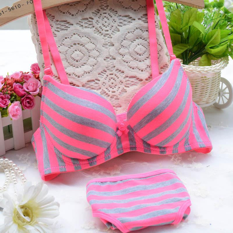 Young girl stripe thin thick double breasted underwear bra set cute sexy green rose orange size AB 70-80 underclothes