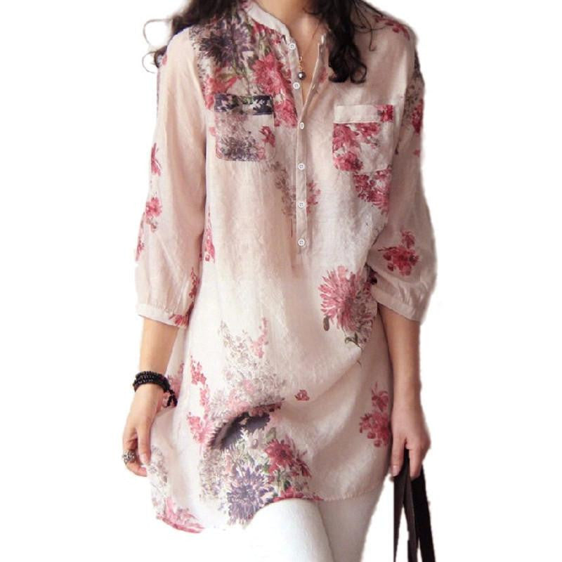 Women Vintage Floral Printed Blouses Elegant 3/4 Sleeve Linen Casual Long Tops Shirts Plus Size