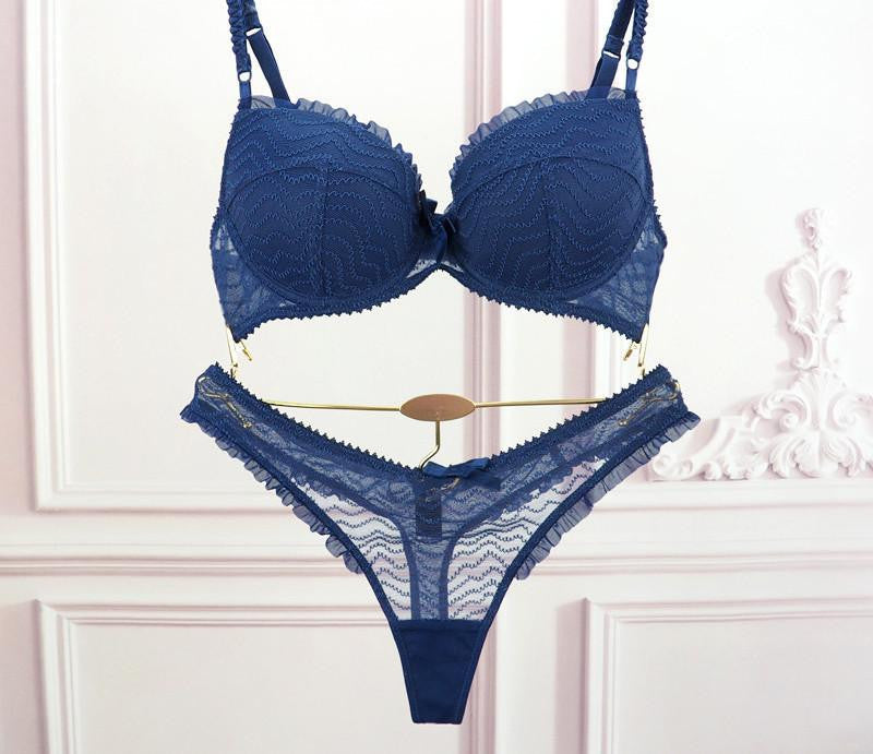 Thong Bra Set Push Up Embroidered Lace Women's Underwear Sets ABCD Cup Bra And Panty Deep V Intimates