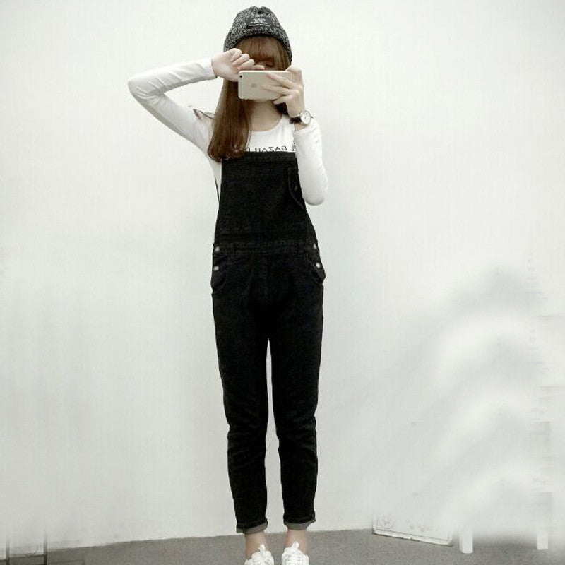 Preppy Style Women's Denim Jumpsuits Overalls Pants Ladies' Jeans Suspender Gallus Rompers Black Color
