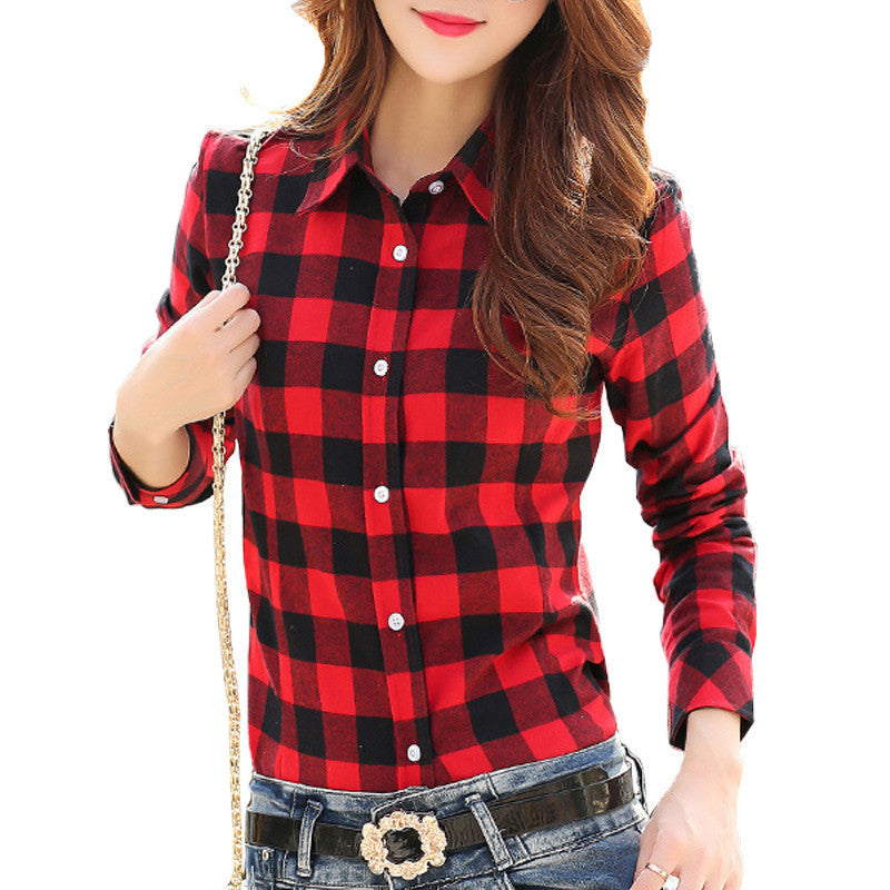 Fashion Women Blouses Long Sleeve Turn-down Collar Plaid Shirts Women Casual Cotton Shirt Style