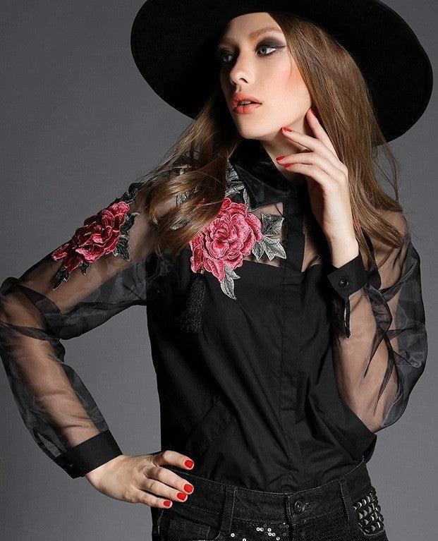 cardigans flower embroidery organza shirt women blouses tops women tops
