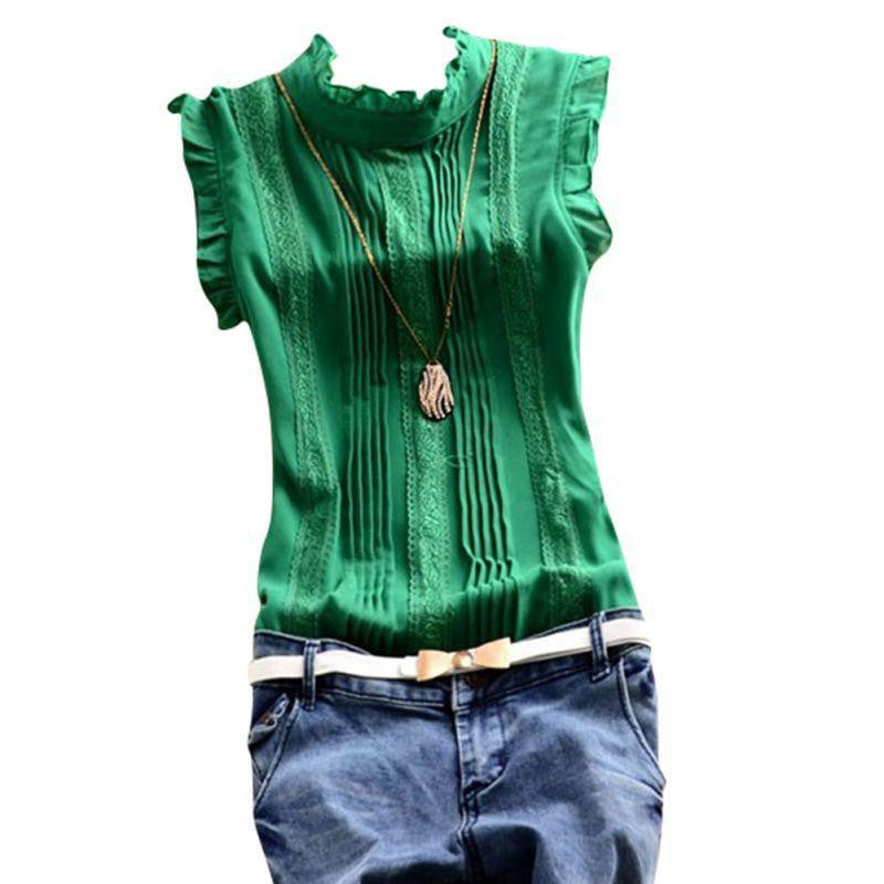 Vogue Lady Women Ruffle Sleeve Neck Slim Fitted Shirts Work Tops Blouse Tee