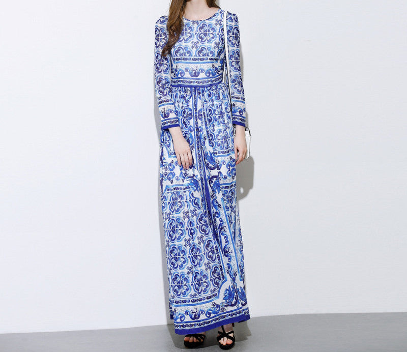 Online discount shop Australia - Fashion Designer Runway Maxi Dress Women's Long Sleeve Blue and White Printed Celebrity Party Long Dress