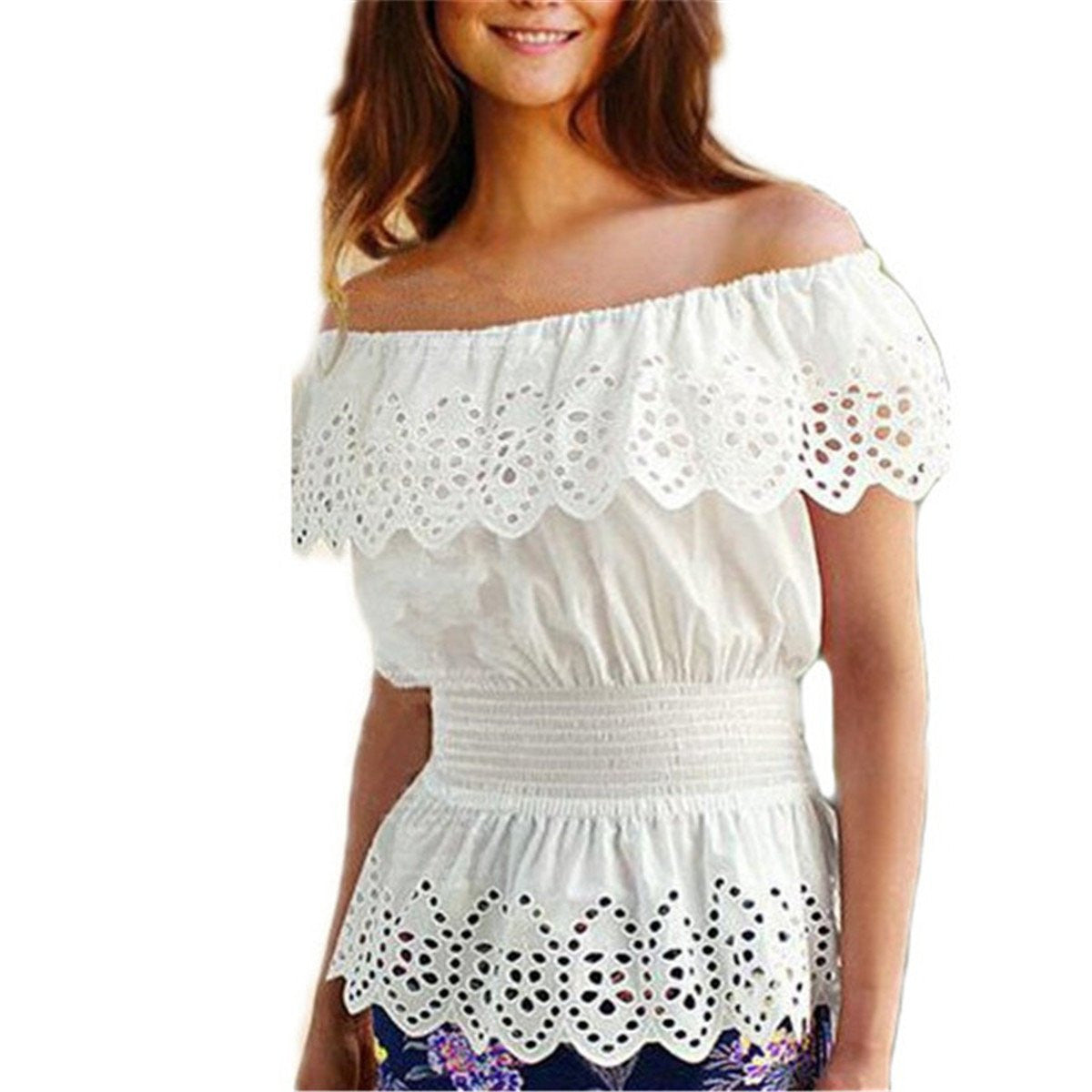 Women Slash Neck Casual Blouse Top Strap Off Shoulder Lace Ruffles Elastic Waist Tunic Shirts