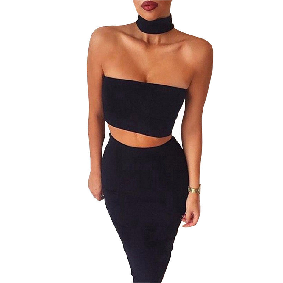 Online discount shop Australia - 2 Piece Set Summer Dress Black White Strapless Sexy Bandage Bodycon Party Dresses Sleeveless Halter Dress Women Off Shouder