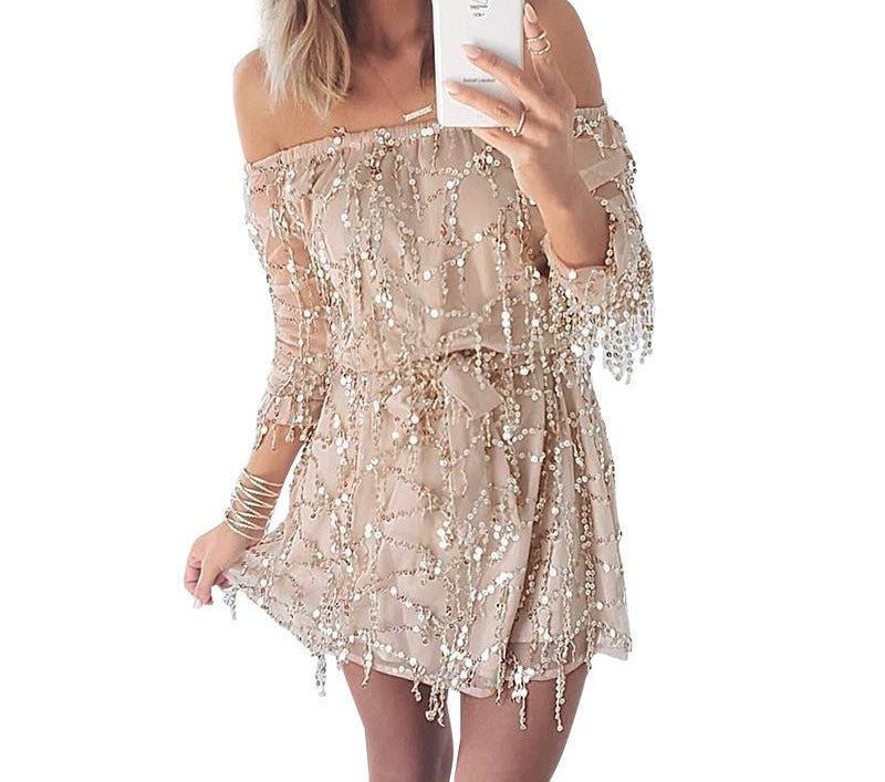 Online discount shop Australia - BerryGo Sexy off shoulder sequin tassel summer dress beach party short dress Women backless long sleeve vintage dress vestidos