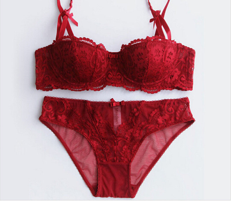 Underwear Women Bra Set Deep half cup Plus Size Lingerie Transparent Lace Bra And Panty Set Push Up Lace Brassiere bs350