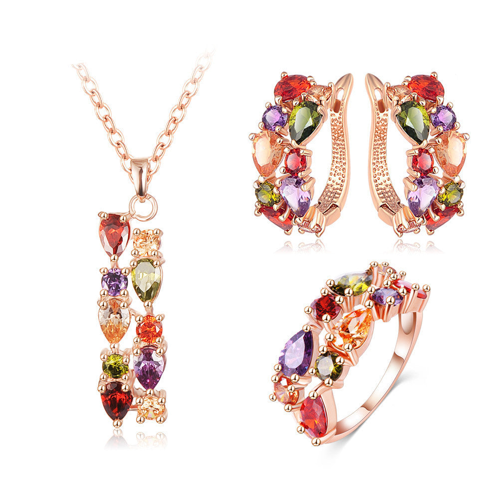 New Top Rose Gold Plate Flower Jewelry Set Multicolor Cubic Zircon Pendant/Earrings/Ring Women Wedding Jewelry Sets - CelebritystyleFashion.com.au online clothing shop australia