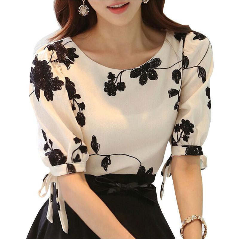 Women Shirt Top Floral Black White Slim Chiffon Blouse Casual Plus Size Bow Half Sleeve Shirt Women Clothing