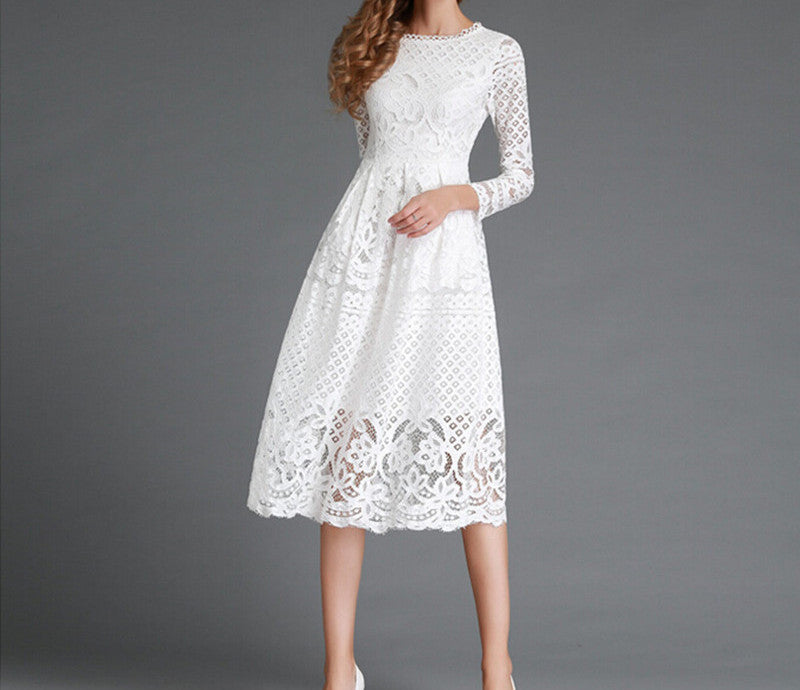 European Spring Women's Lace Hollow Out Long Dresses Bohemian Femme Casual Clothing Women Slim Party Dress Vestido