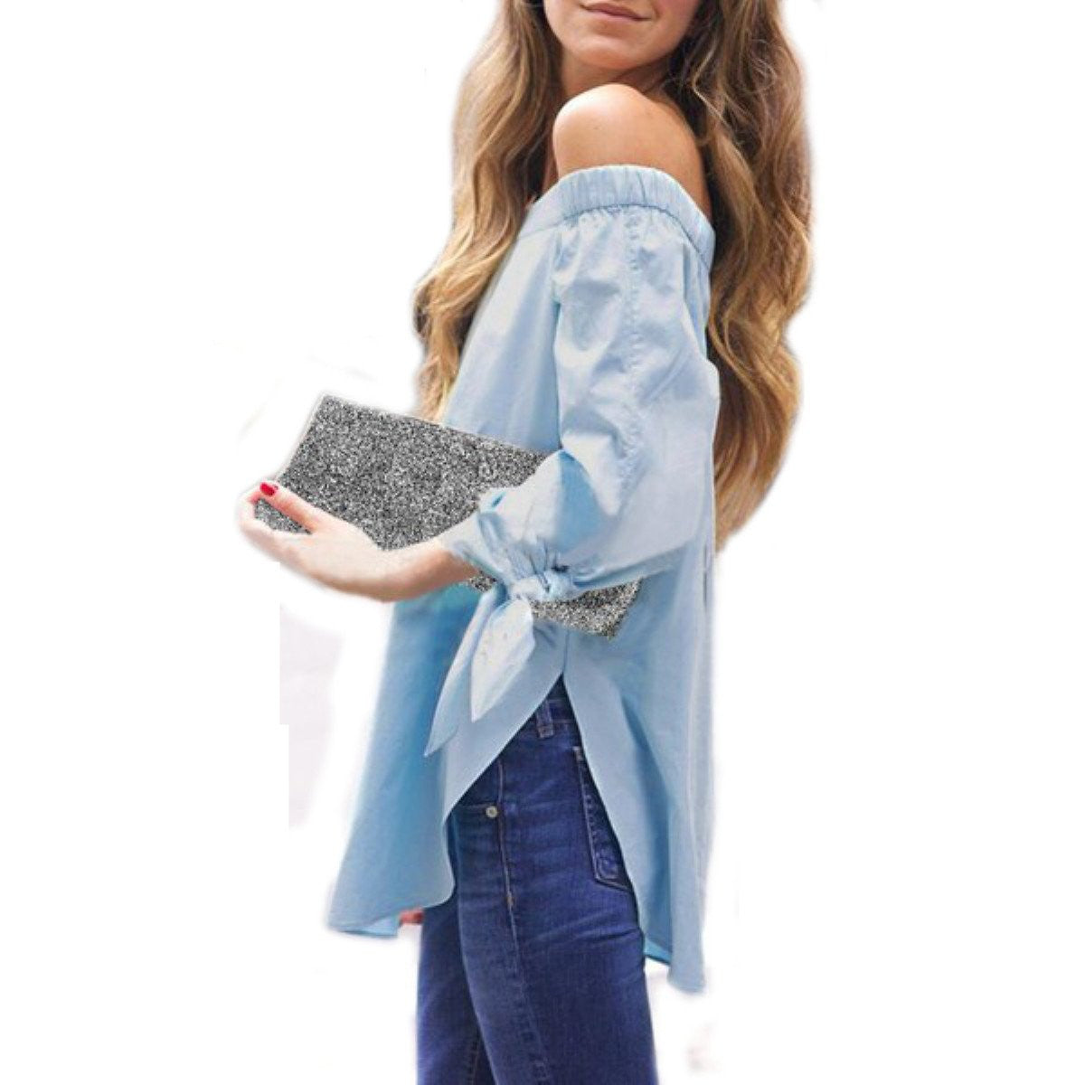 Women Slash Neck Off Shoulder Strapless Long Sleeve Bowknot Blouse Top Casual Loose Shirt dress 4 Color
