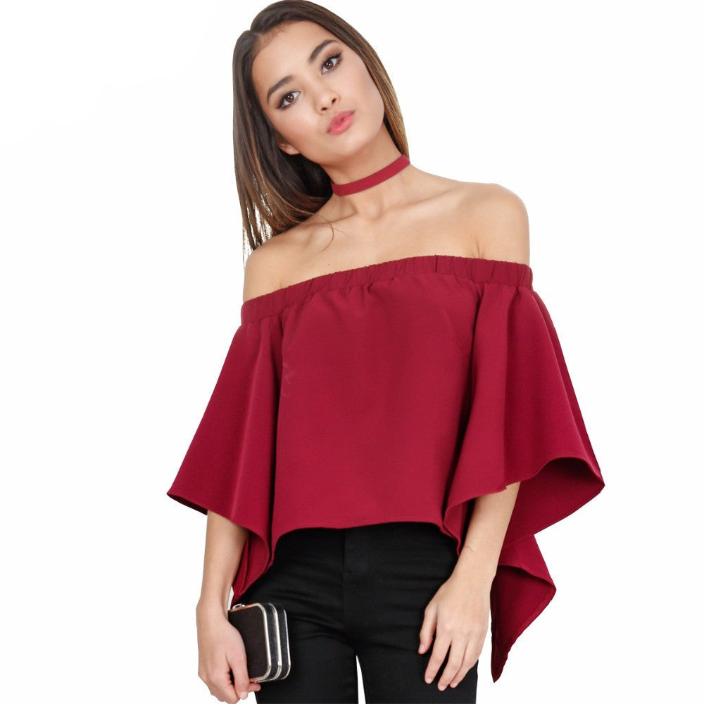 Online discount shop Australia - Fore Fair new sexy off shoulder blouse shirt flare sleeve open back women blouses plus size ruffles slash neck tops