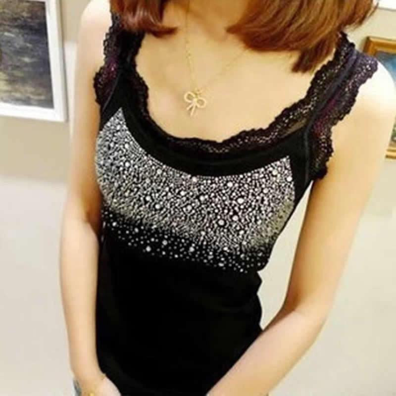 Women Tees Rhinestone Lace Stunning Based Sleeveless Vest Top