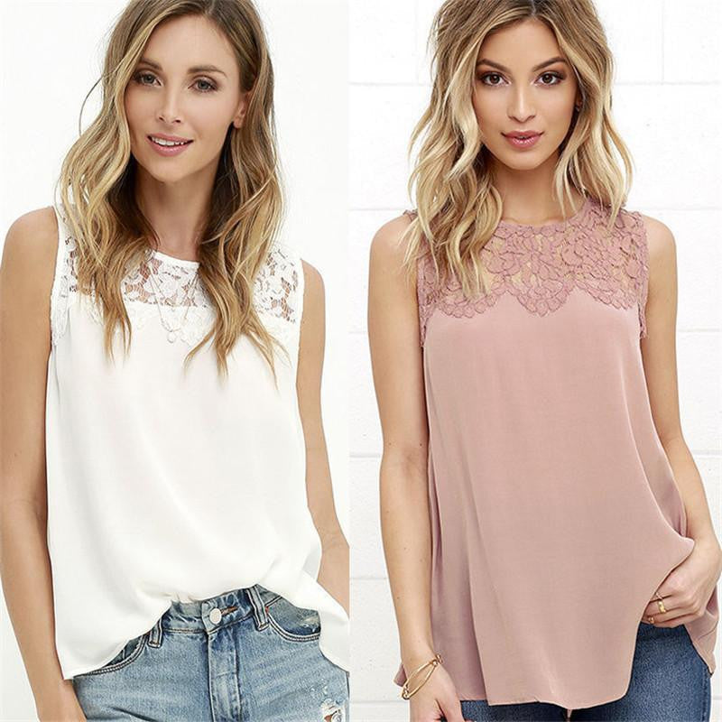 Women Lace Stitching Chiffon Shirts Casual Slim Sleeveless White Blouse Trending Ladies Tops