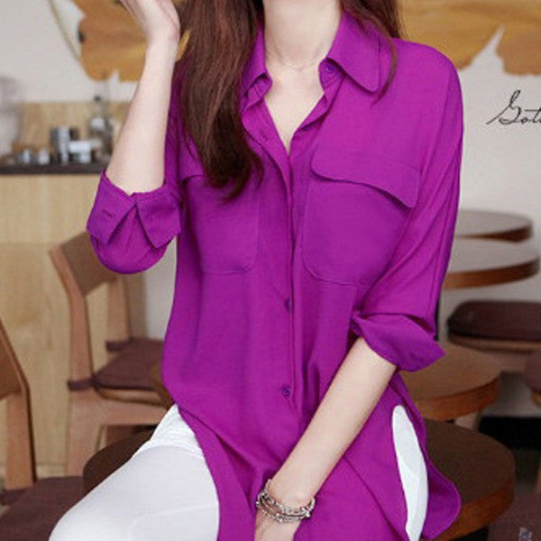 Online discount shop Australia - Fashion Women Blouse Long Sleeve Chiffon Shirt Turn-down Collar Casual Loose Tops