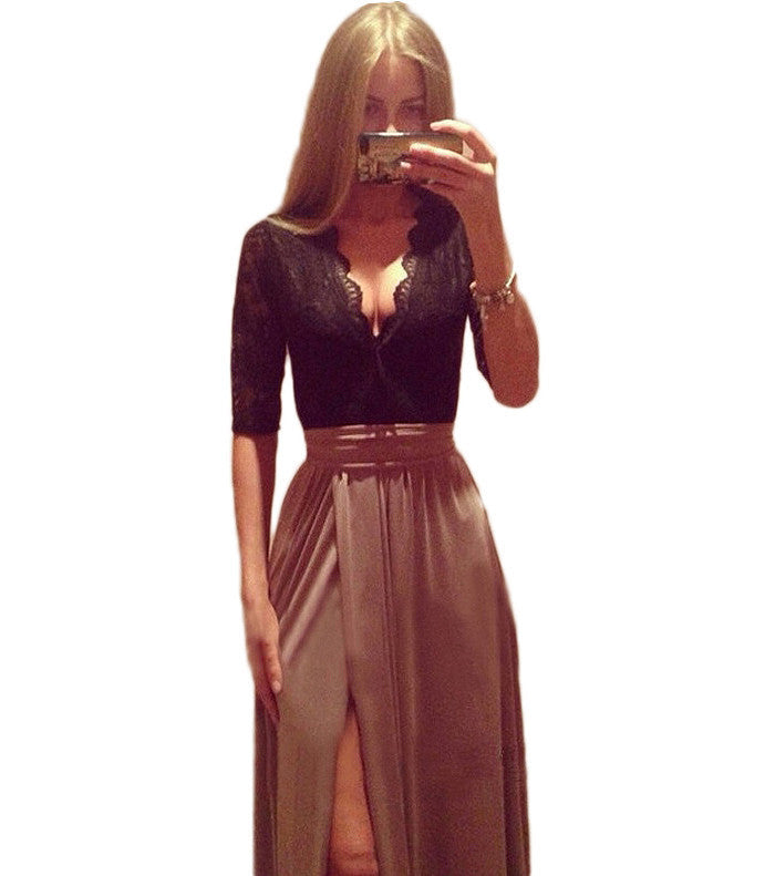 Lady Lace Bandage Party Clubwear Women Long Sleeve Maxi Long Side Slit Dress with bow belt