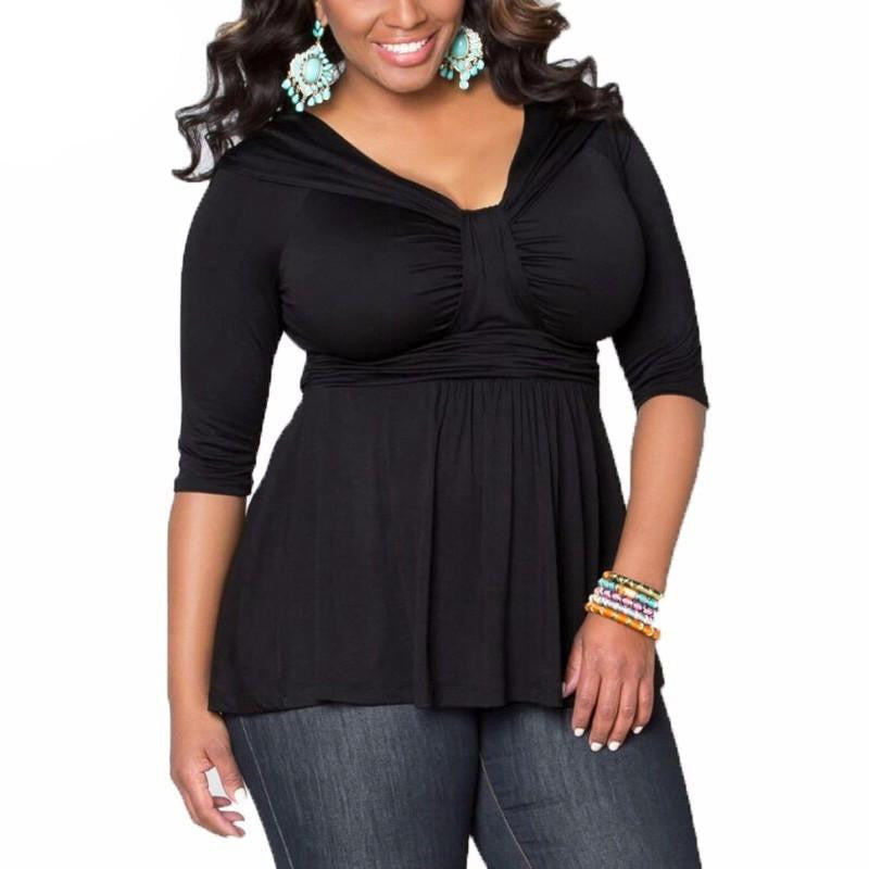 Women Casual V Neck Half Sleeve Tops Ladies Elegant Slim Solid Oversized Blouse Shirts Plus Size