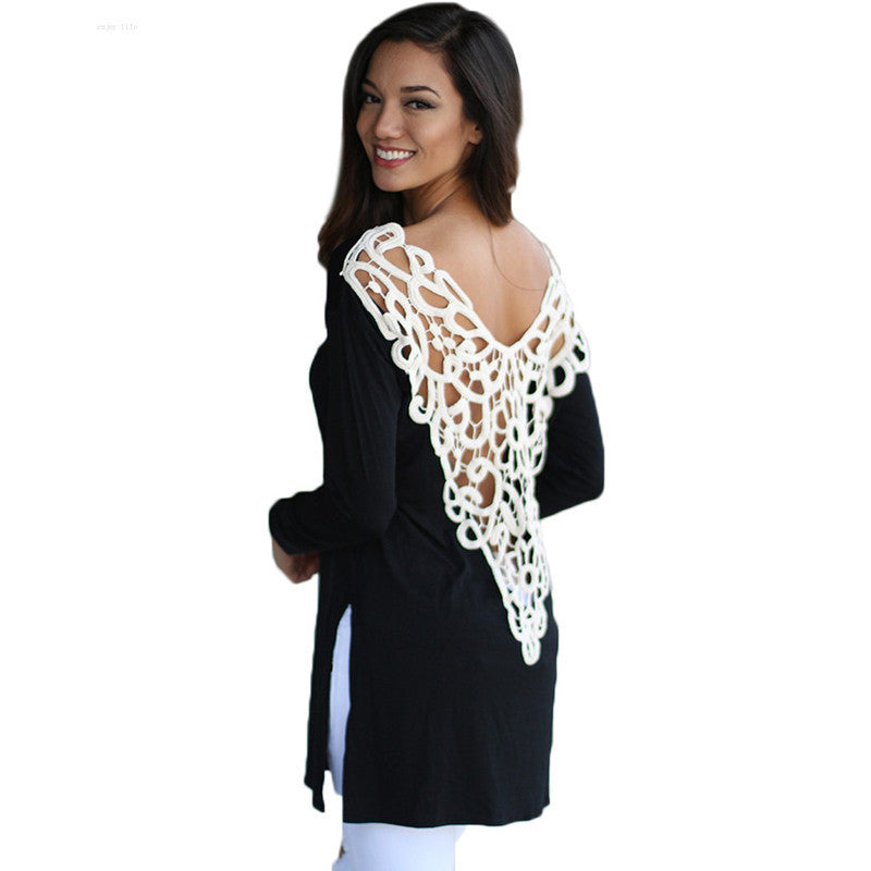 Online discount shop Australia - Fashion Sexy Crochet Patchwork Elegant T-Shirt Deep V Back Lace Hollow out Women Long Sleeve Side Split Shirt M0072