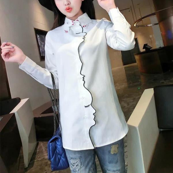 Womens Novelty Face Placket Finger Collar Embroidery Long Sleeve Shirts Tops Casual Ladies