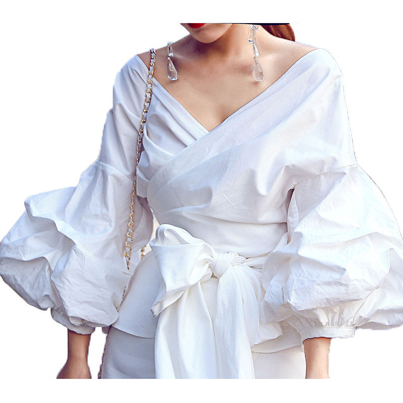 Online discount shop Australia - Fashion Runway Designer Style Women's Big Lantern Sleeve V-neck Bow Loose Top Shirt
