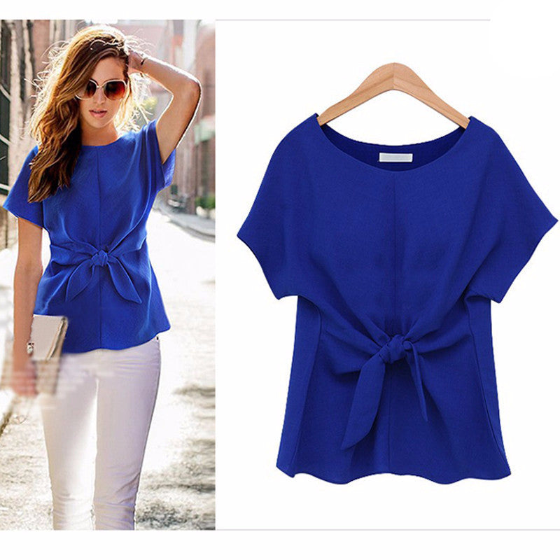 Online discount shop Australia - fashion women Bowknot blouses O-neck short sleeve shirts chiffon casual vintage tops plus size 4XL blouse new