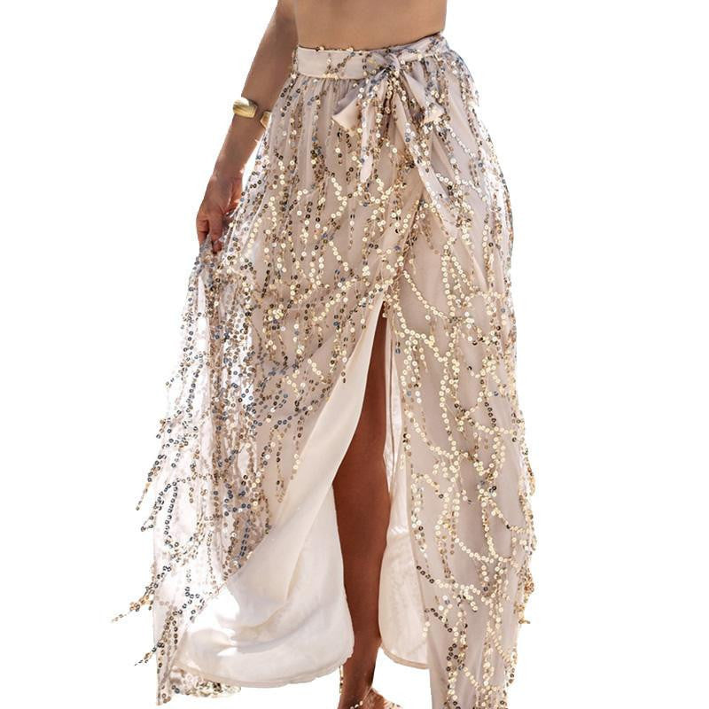 Sequin Tassel Mesh Maxi Skirt Hi-lo Women Elegant Beach Skirts Boho Long Skirts Beachwear