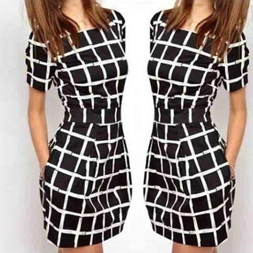 Women Short Sleeve Plaid Slim Bodycon Casual Pencil Black Mini Dress