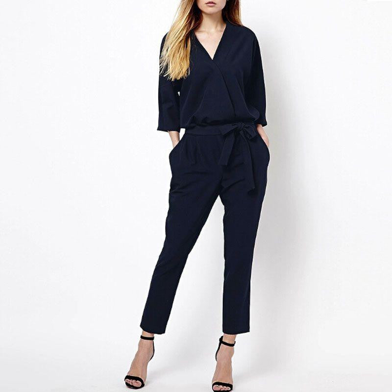 Women Jumpsuits V Neck Casual Style Elegant Ladies Long Romper Overalls
