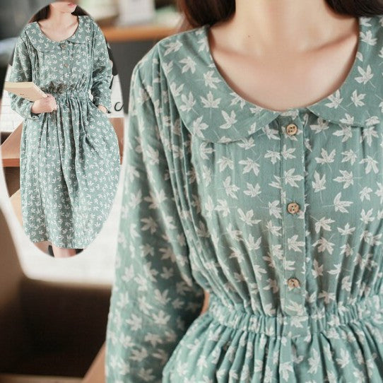 Retro maple leaves print cotton peter pan collar drawstring long sleeve dress mori girl autumn winter