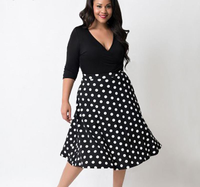 Tonval 5XL Women Vintage Polka Dot Dress Autumn Plus Size 4XL Clothing Deep V Neck Black Vestidos Casual Swing Dresses