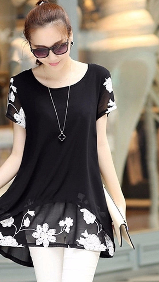 Online discount shop Australia - 300 Good Feedback S-5XL Plus Size Women Blouse Style Long Shirt Chiffon Lace Embroidery Loose Tops Short Sleeve T5418