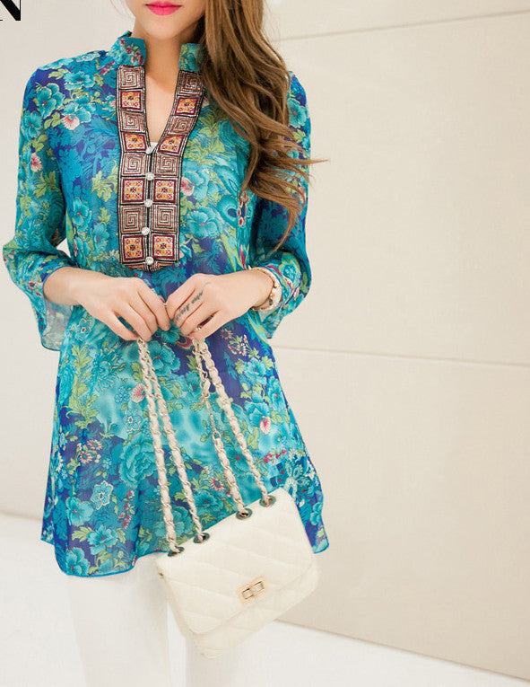 Online discount shop Australia - floral V-neck Women Chiffon Embroidery Print Casual Indian Dress Red / Blue plus size M-4XL Bohemian Dress