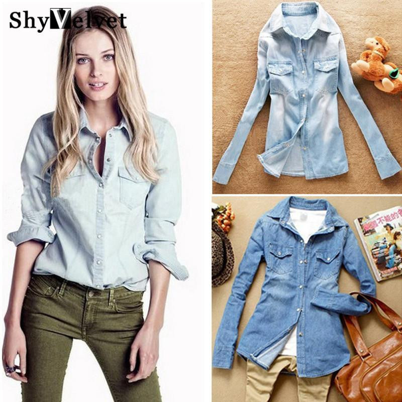 women denim blouse slim jeans shirt lady's elegant blouse fashion denim blouse