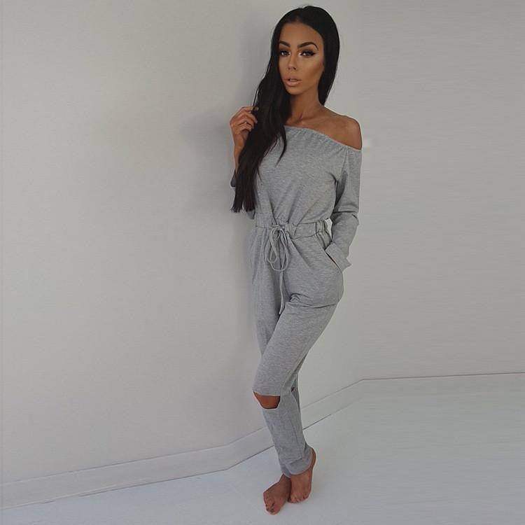 Women Jumpsuits Solid color Fashion Long sleeved Strapless Hole Straight collar Nightclub Romper Jumpsuit