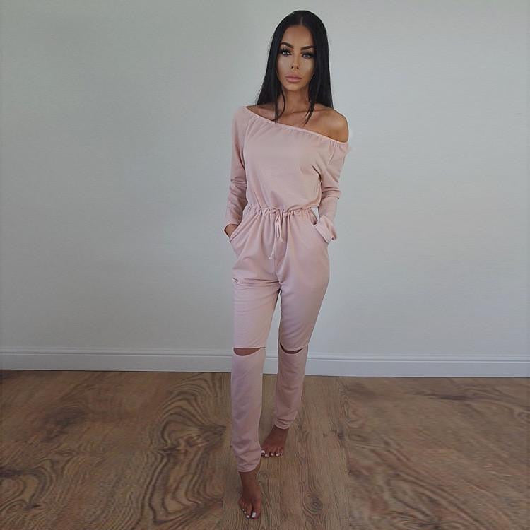 Women Jumpsuits Solid color Fashion Long sleeved Strapless Hole Straight collar Nightclub Romper Jumpsuit